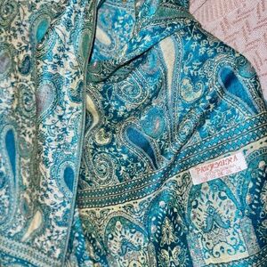 Pashmina Shawl 100% Cashmere Teal Blue Paisley Fringe Scarf